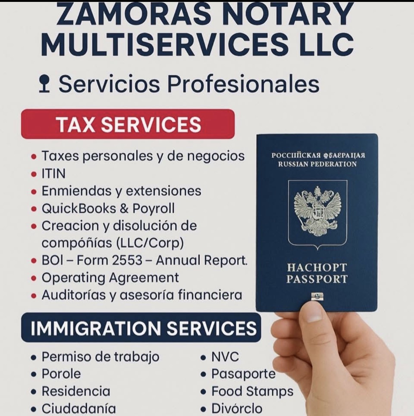 Equipo de Zamoras Notary Multiservices en la oficina